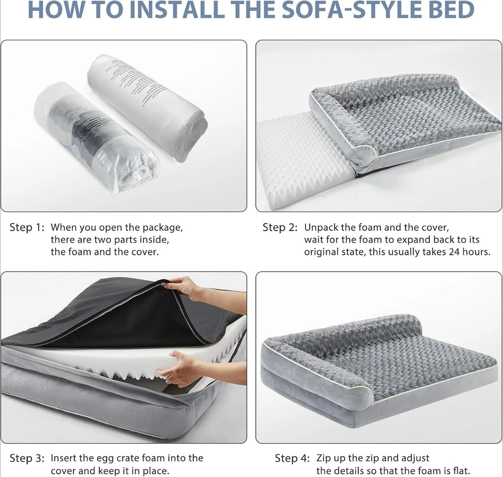 Four set-up steps for the grey sofa bed: unpack foam and cover, let the foam expand for 24 hours, insert it, zip up