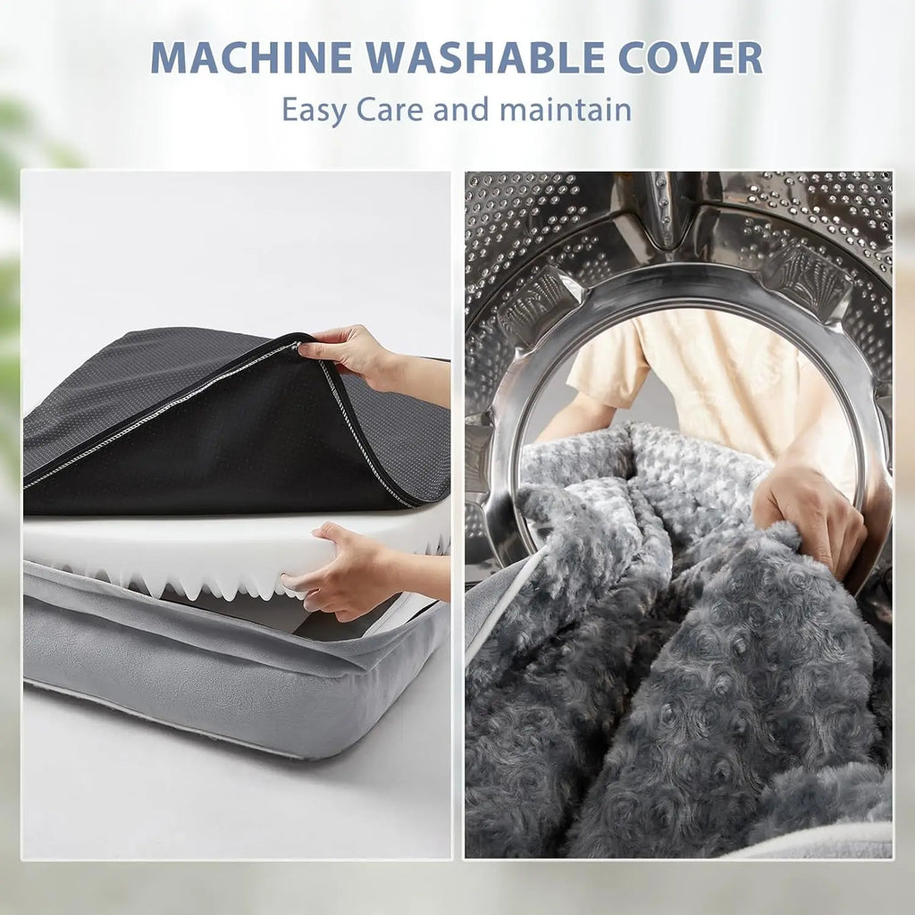 Hands pulling egg crate foam out of the grey cover, and the plush cover being put into a washing machine drum