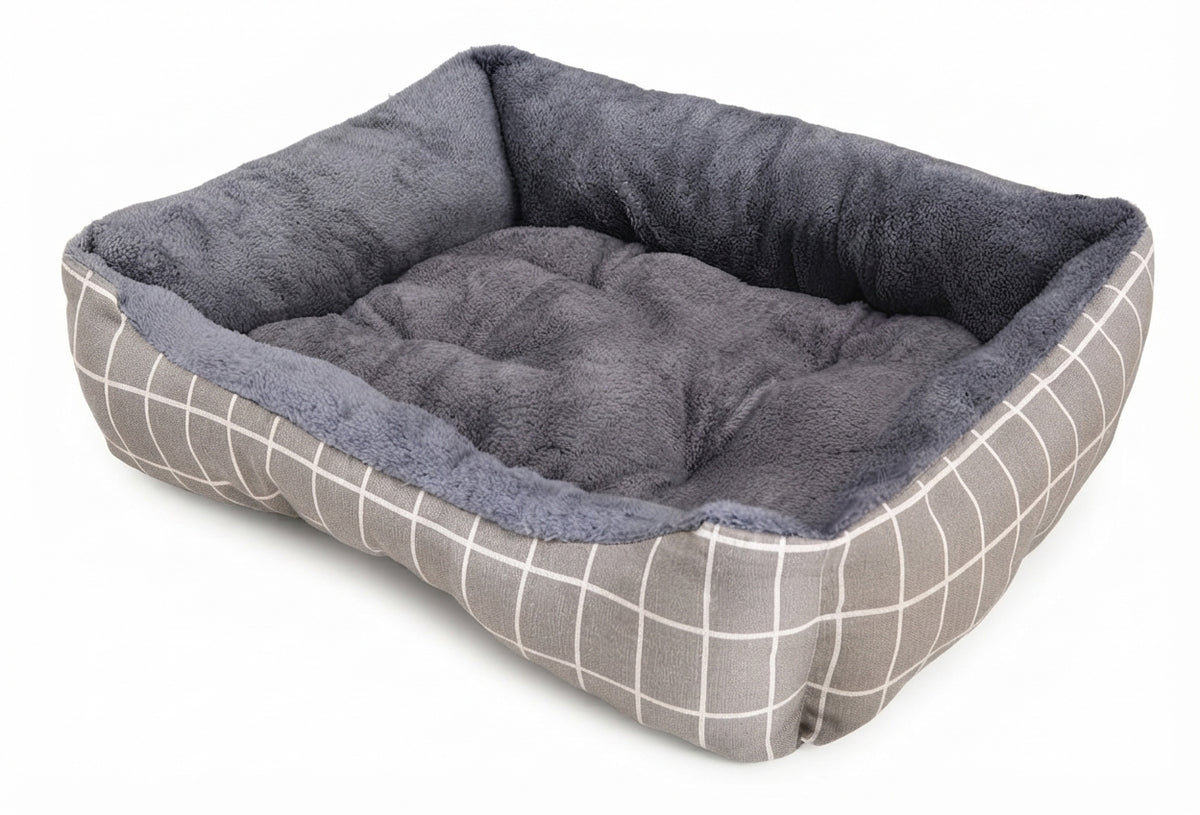 Rectangular soft dog bed in grey check canvas, a white grid pattern on the sides and a dark grey plush lining