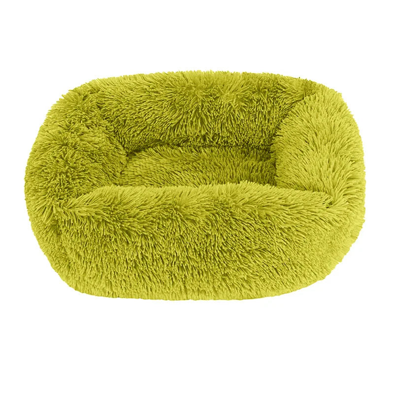Square dog bed in apple green long plush, with high fluffy walls around a padded base