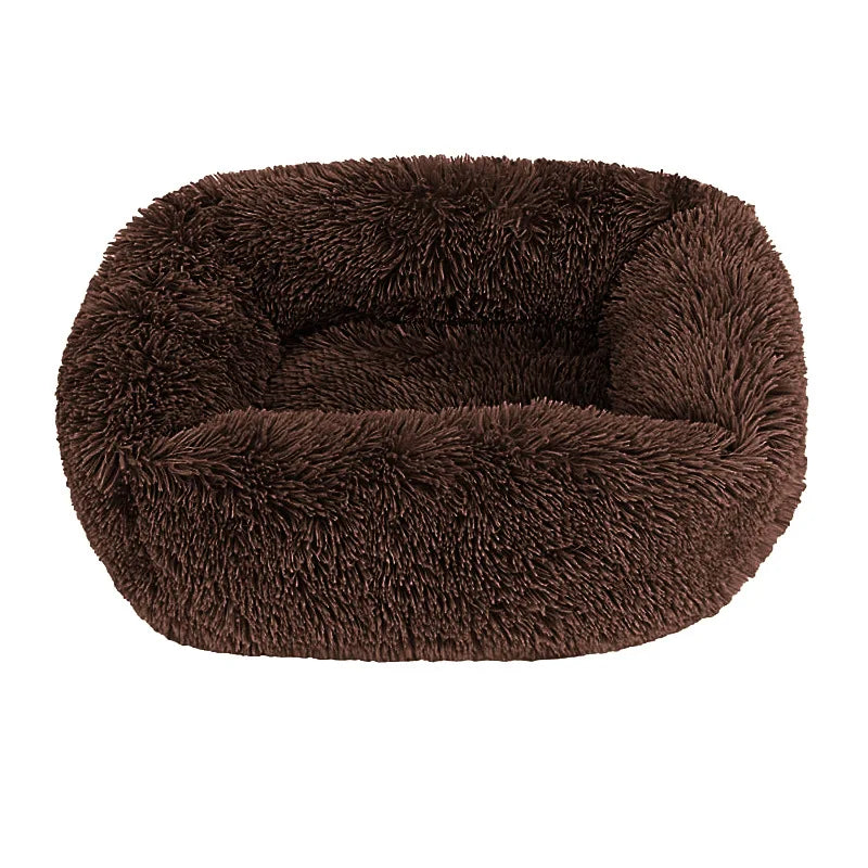 Square dog bed in dark brown long plush, with high fluffy walls around a padded base