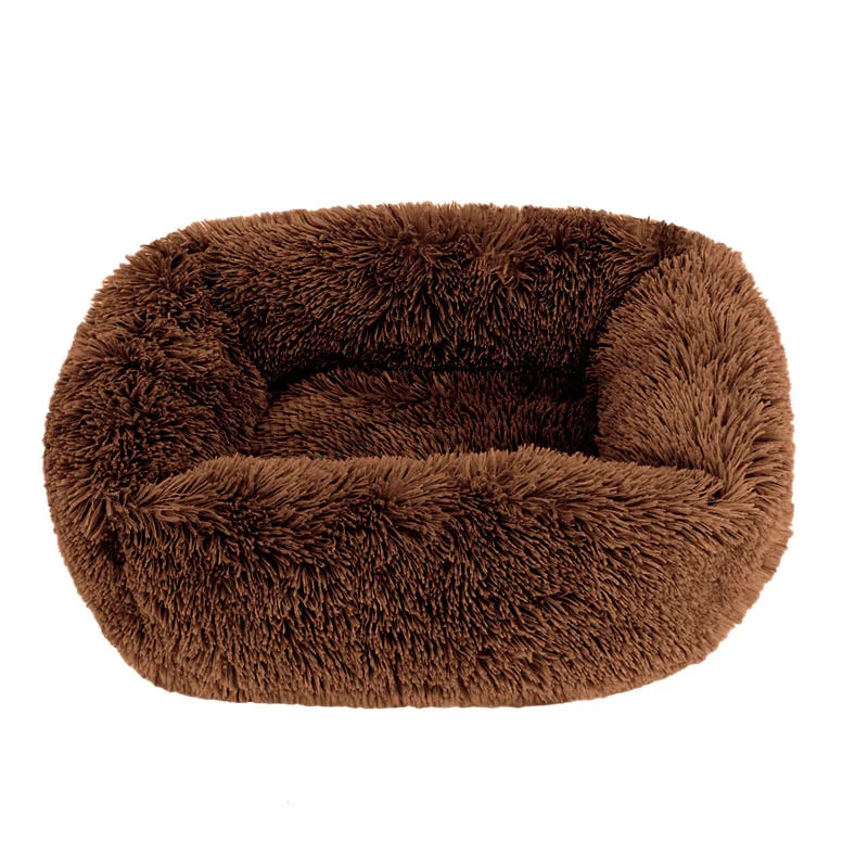 Square dog bed in dark coffee long plush, with high fluffy walls around a padded base