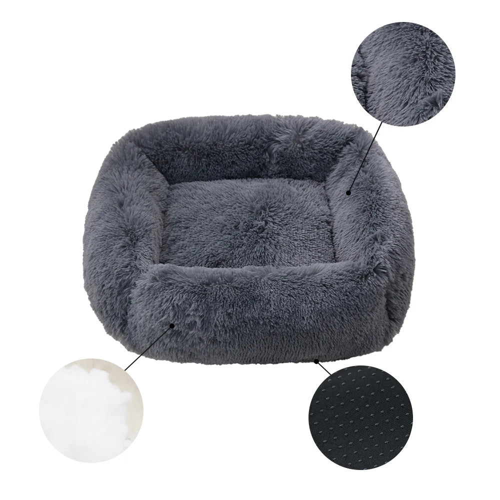 Dark grey square dog bed with three close-ups: the long plush, the white fibre filling and the non-slip dotted base