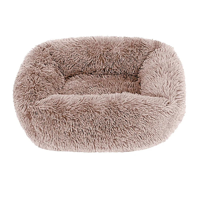Square dog bed in grey coffee long plush, with high fluffy walls around a padded base