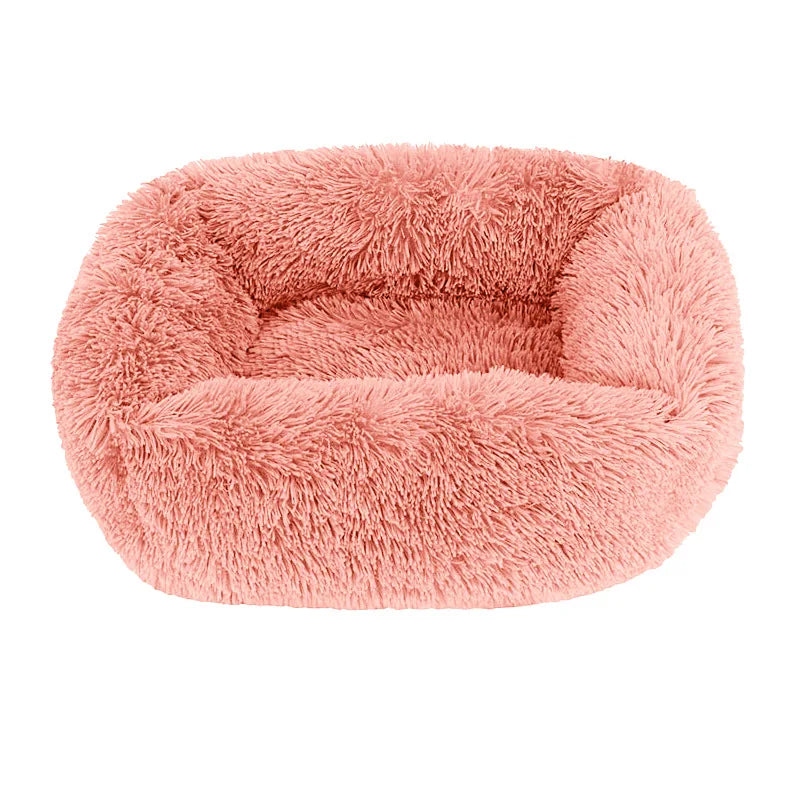 Square dog bed in leather pink long plush, with high fluffy walls around a padded base