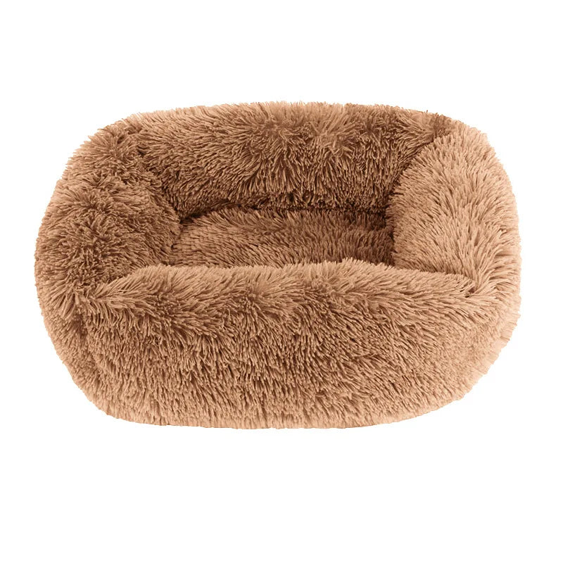 Square dog bed in light coffee long plush, with high fluffy walls around a padded base