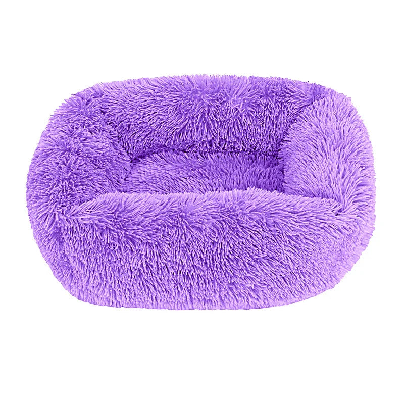 Square dog bed in purple long plush, with high fluffy walls around a padded base