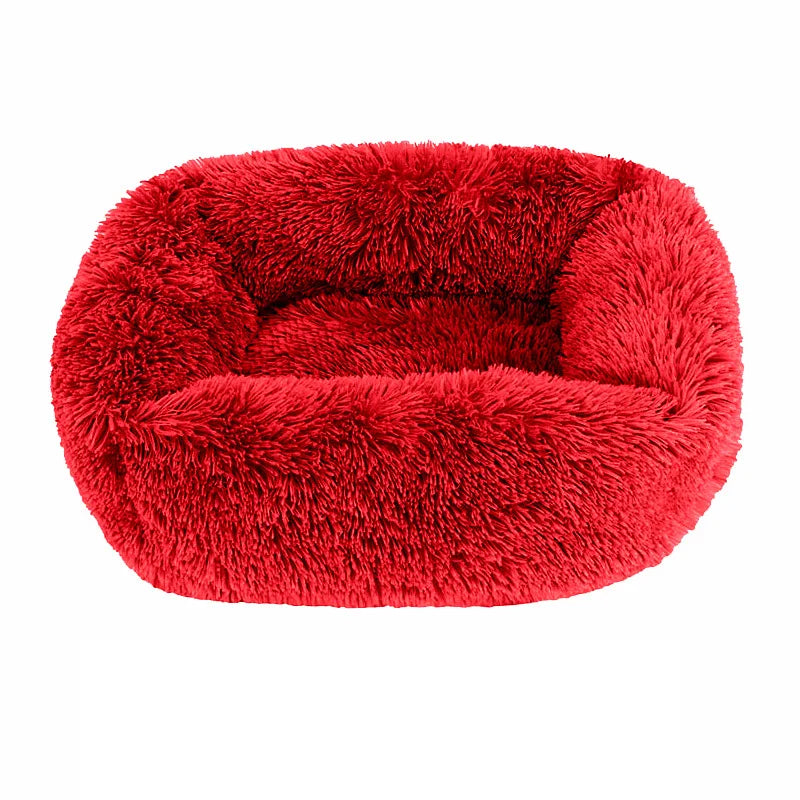 Square dog bed in wine red long plush, with high fluffy walls around a padded base