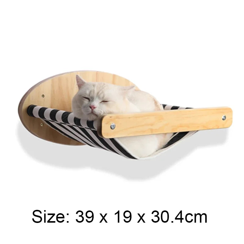 White cat asleep in a striped wall hammock on a round wooden plate, size 39 x 19 x 30.4 cm