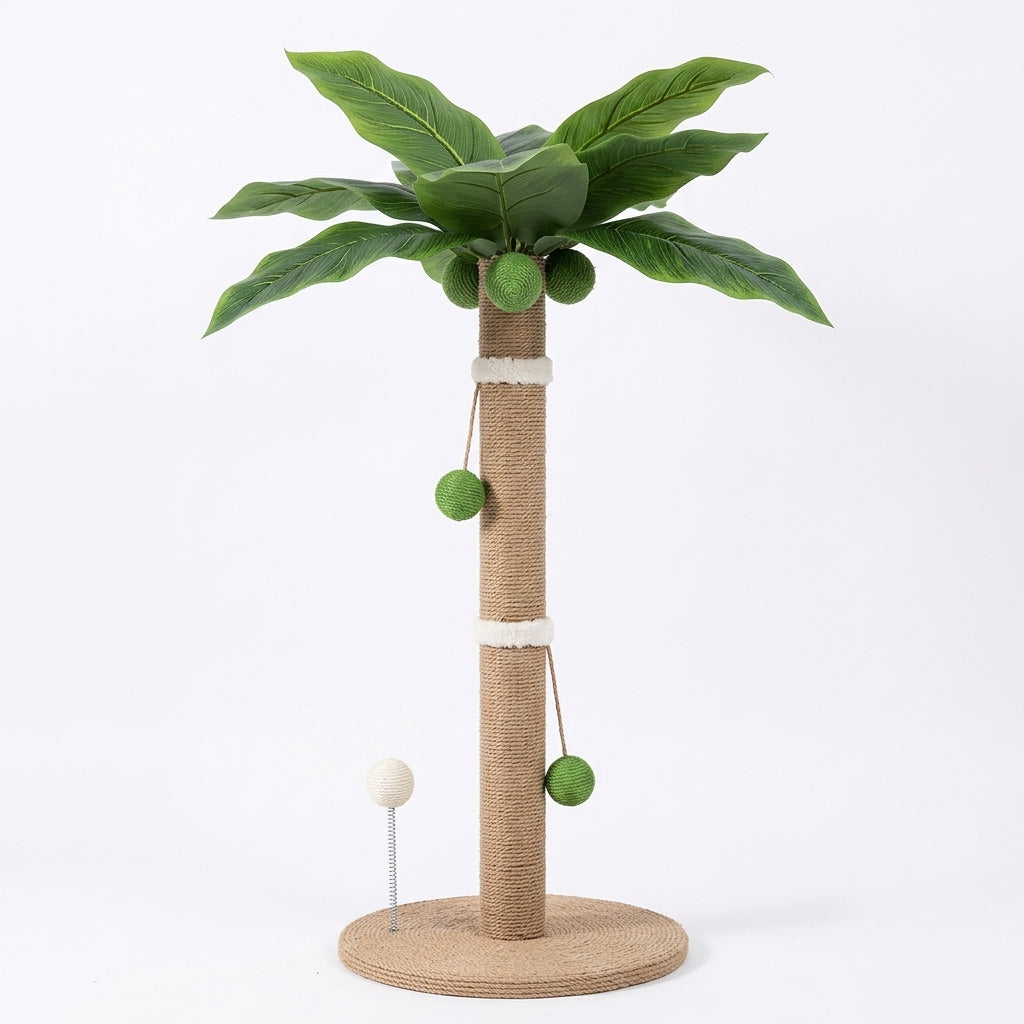 Palm tree cat scratch post with a jute rope trunk, green leaves and pompoms, on a round Brown Base wrapped in jute