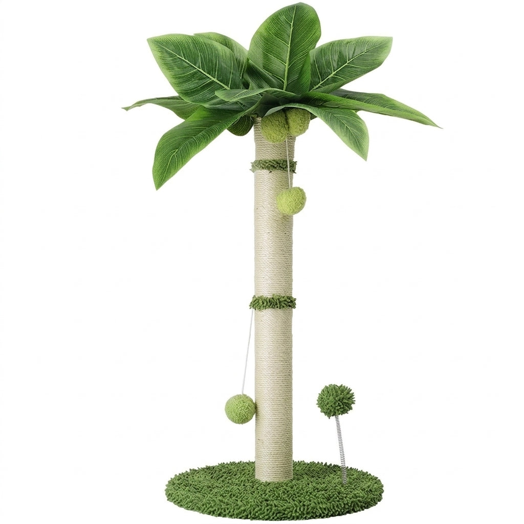Tall cat scratch post shaped like a palm tree: a sisal trunk, green leaves, pompom balls and a round Dark Green Base