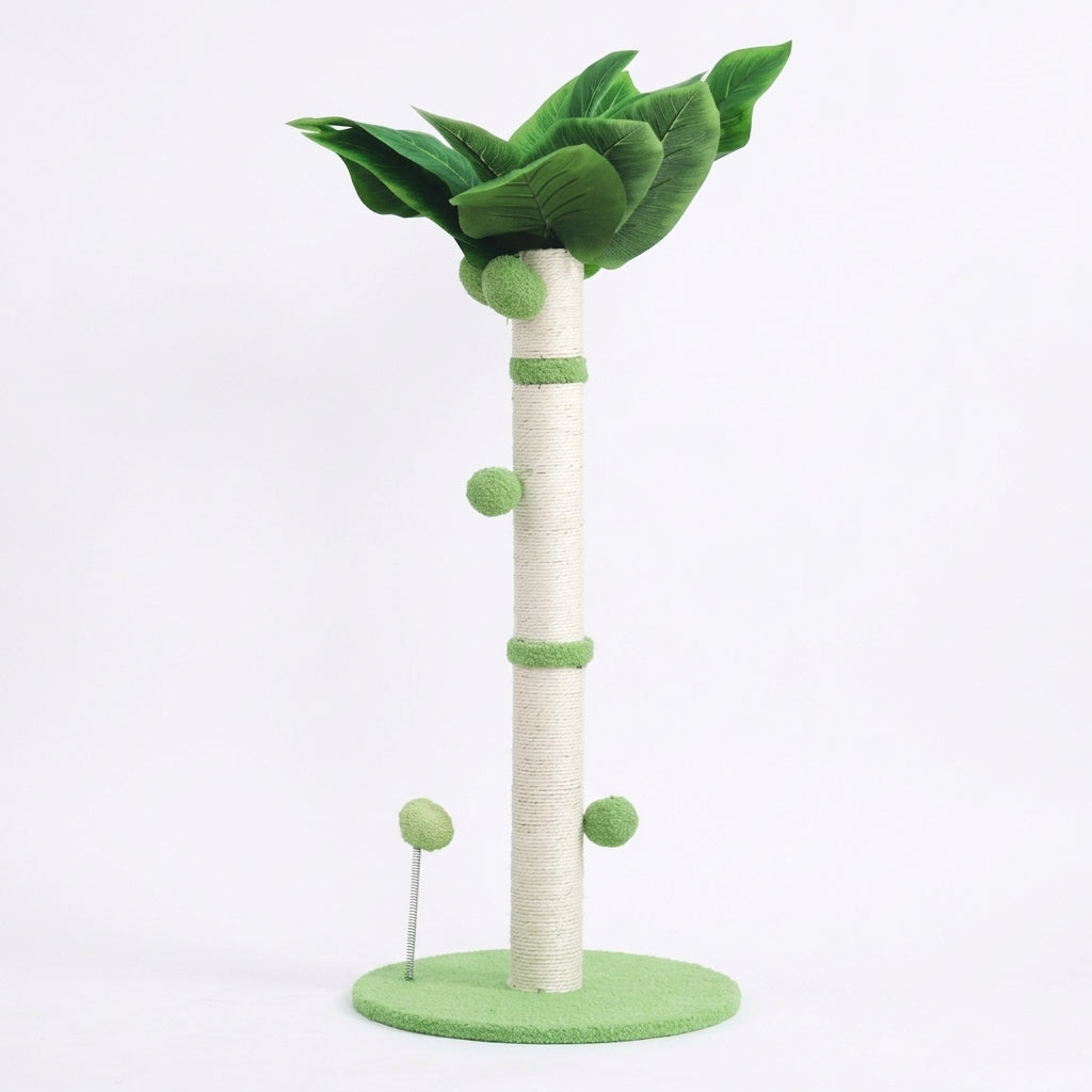 Palm tree cat scratch post with a pale sisal trunk, green leaves, green pompoms on springs and a round Light Green Base