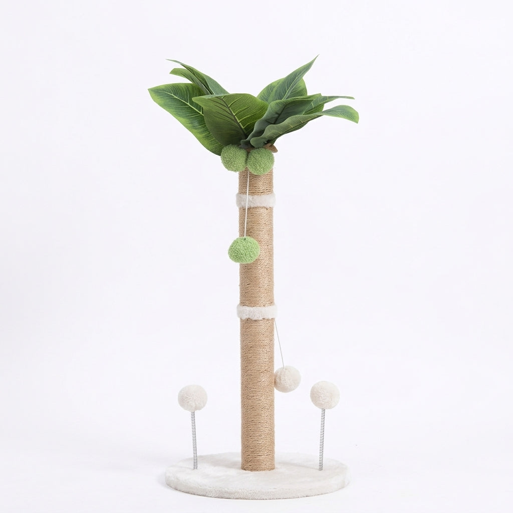 Palm tree cat scratch post with a natural sisal trunk, green leaves, cream pompoms on springs and a round White Base