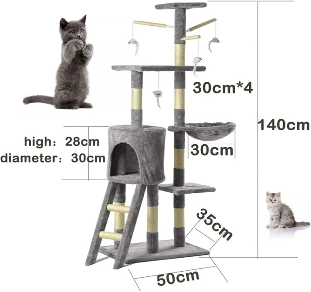 Dimensions of the grey tall cat tree: 140 cm high, 50 x 35 cm base, 30 cm perches, and a condo 28 cm high and 30 cm across