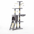 Tall cat tree in grey plush, 140 cm, with a condo, a hammock, a ladder, sisal posts, several perches and hanging mouse toys