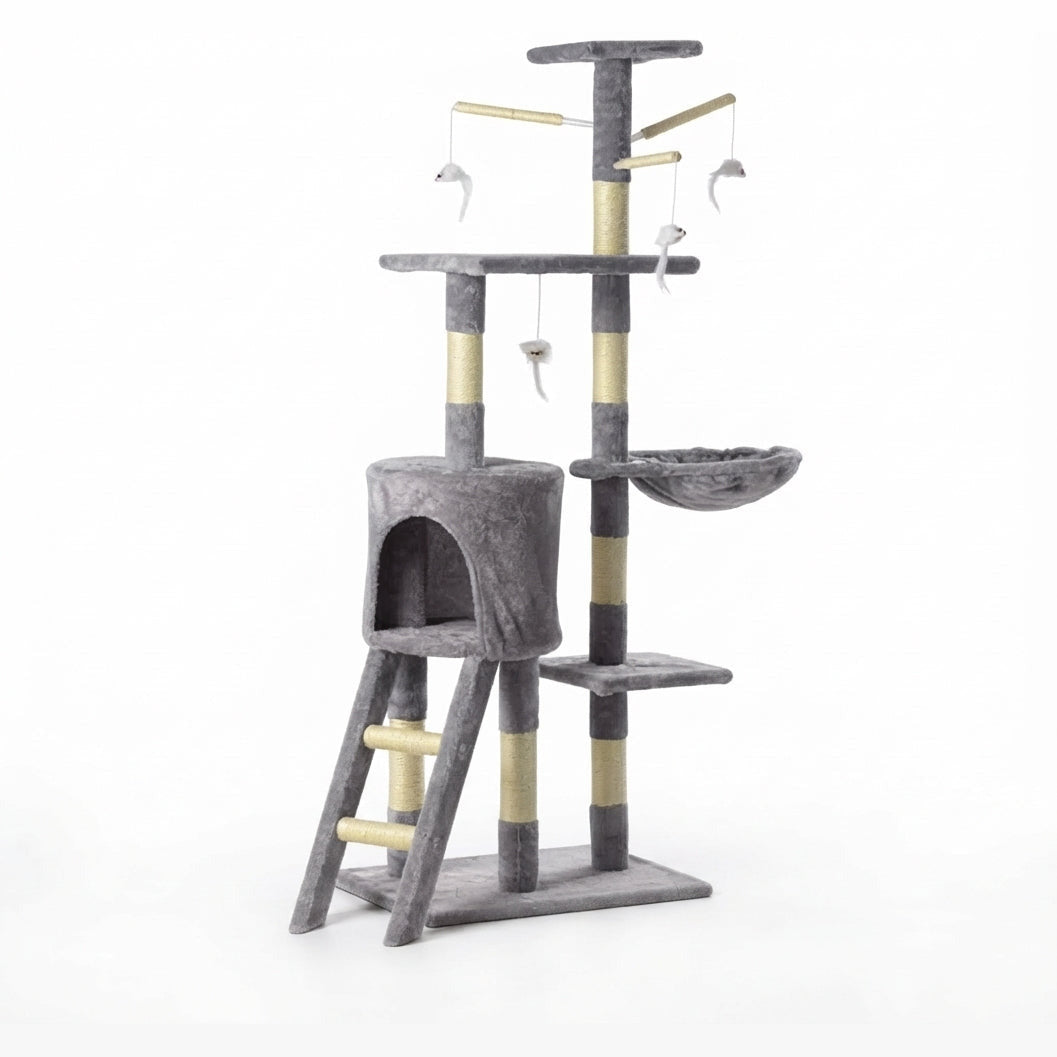 Tall cat tree in grey plush, 140 cm, with a condo, a hammock, a ladder, sisal posts, several perches and hanging mouse toys