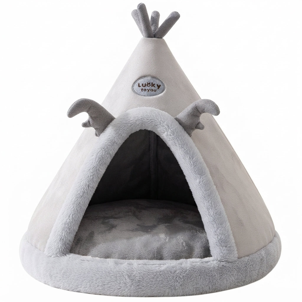 Teepee pet cave bed in light grey with a darker grey plush trim, grey felt antlers and a soft cushion inside
