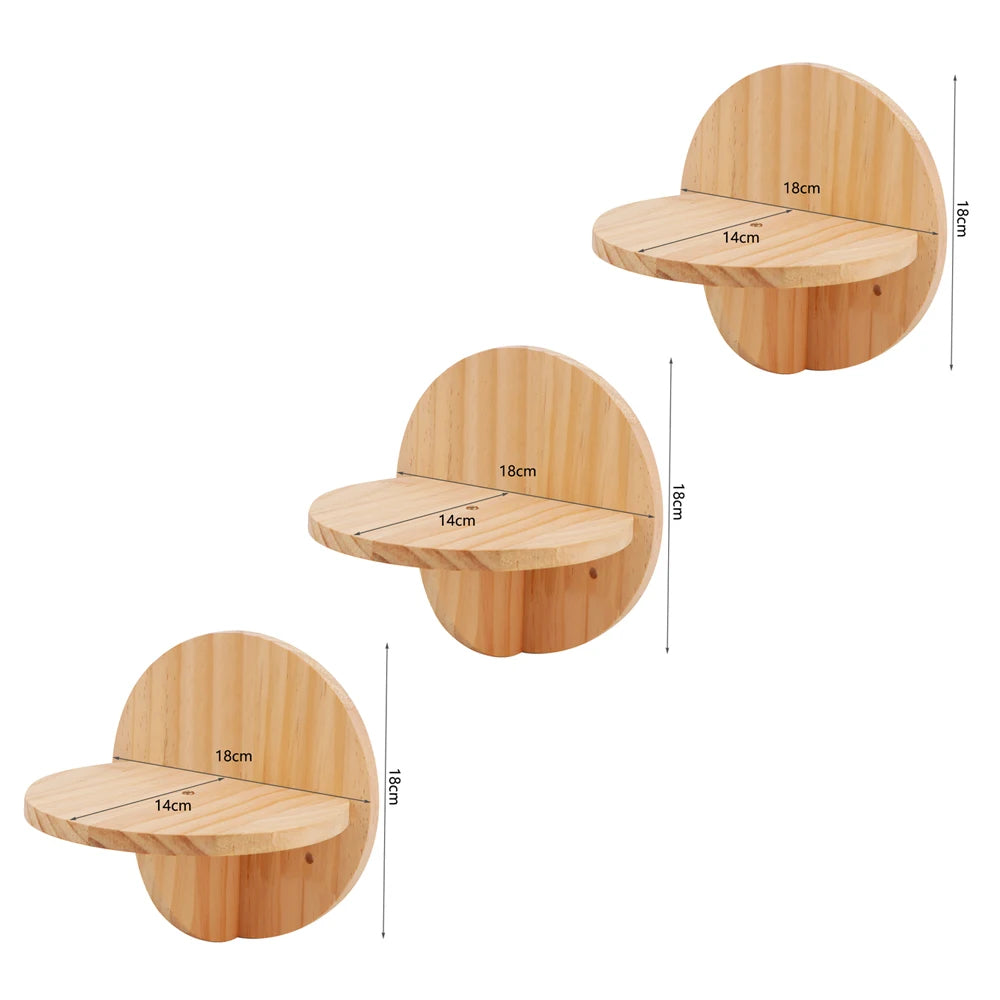 Three round wooden wall perches set out as steps, each 18 cm across with a platform 18 cm wide and 14 cm deep