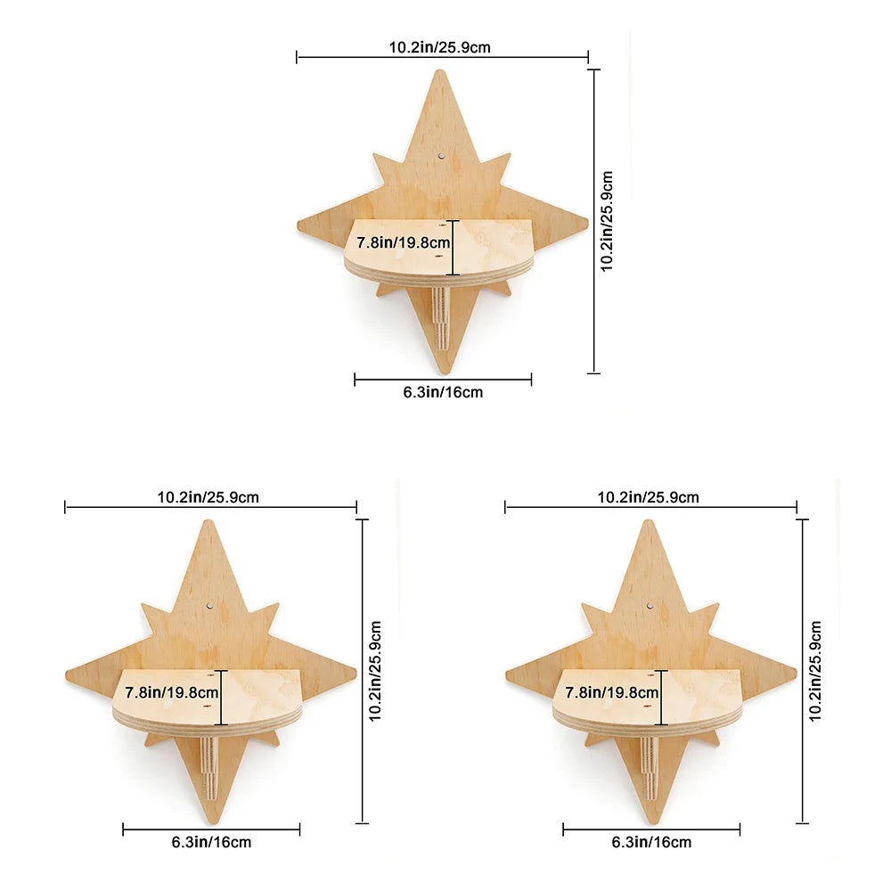 Three star-shaped wooden wall perches, each 25.9 cm wide and high, platform 16 cm wide and 19.8 cm deep