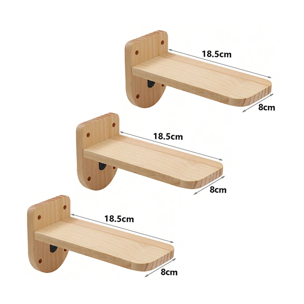 Three wooden cat wall steps on rounded back plates, each platform 18.5 cm long and 8 cm wide