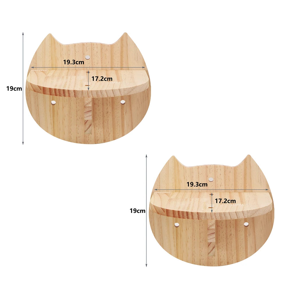 Two wooden cat-face wall shelves, each 19.3 cm wide and 19 cm high, with a platform 17.2 cm deep
