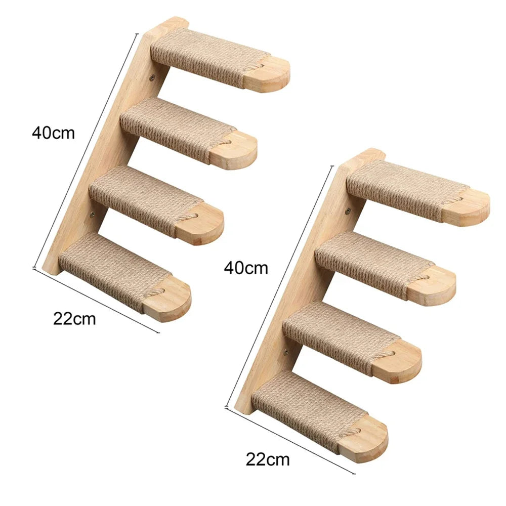 Two four-step wooden cat wall ladders with rope-wrapped steps, each 40 cm long and 22 cm wide