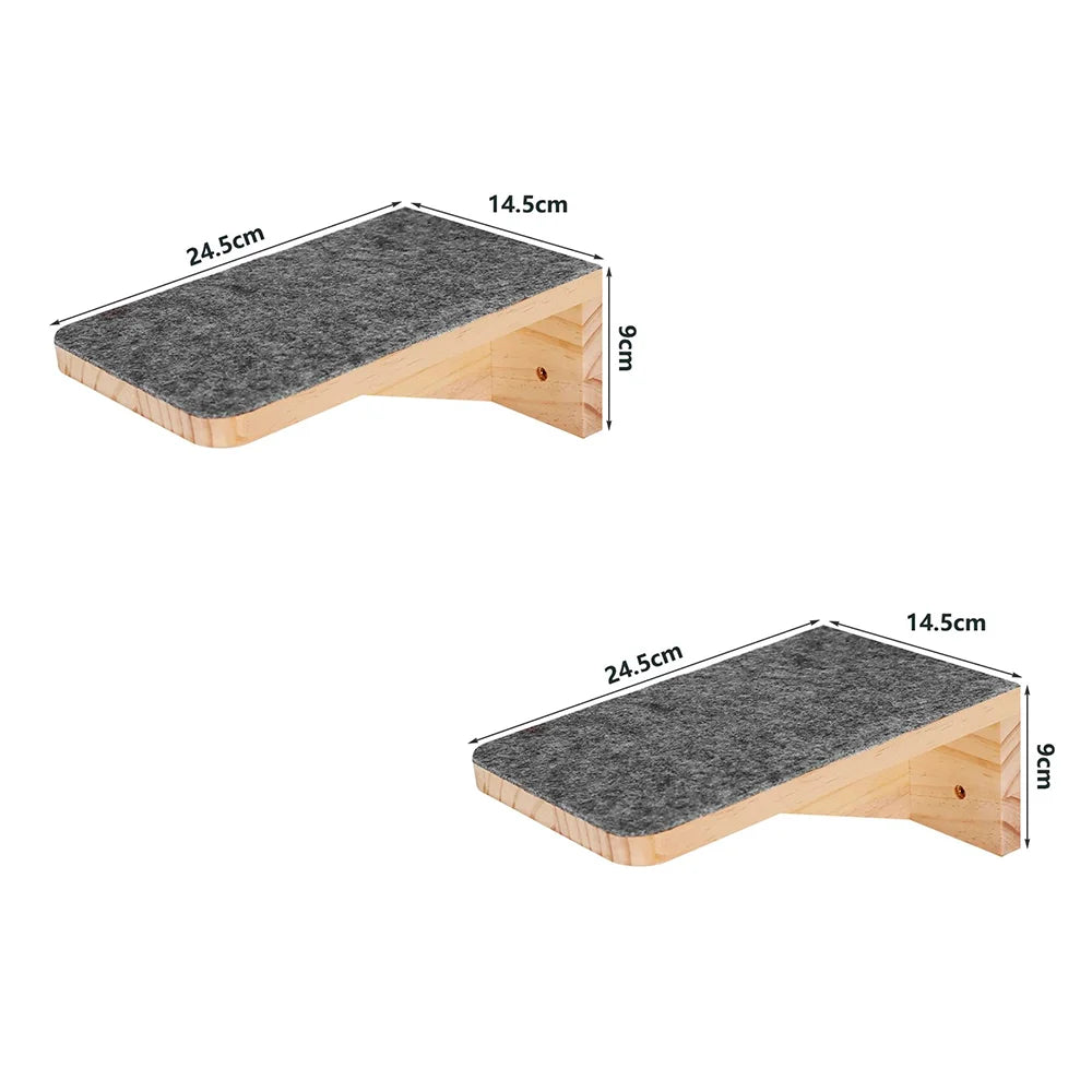 Two wooden cat wall steps topped with grey felt, each 24.5 by 14.5 cm and 9 cm high