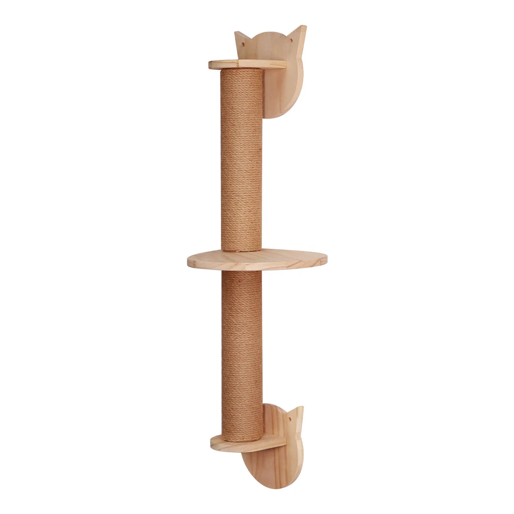 Wall-mounted rope scratching post with a round middle platform and cat-face brackets at the top and bottom
