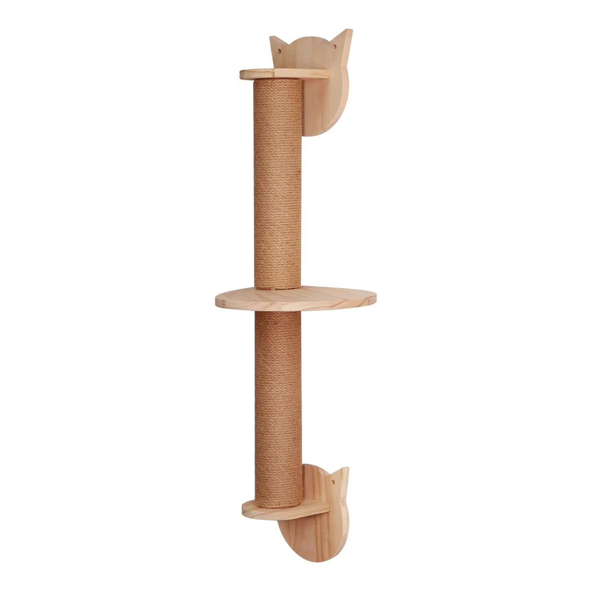Wall-mounted rope scratching post with a round middle platform and cat-face brackets at the top and bottom
