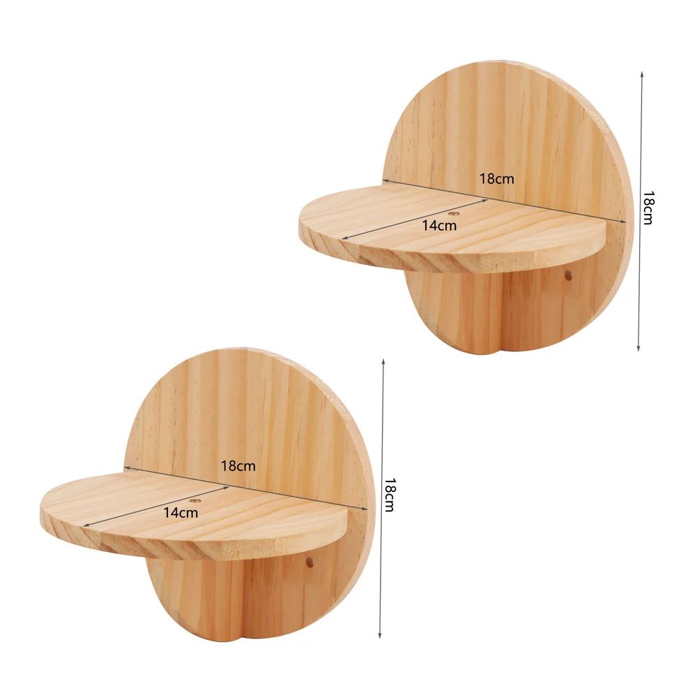 Two round wooden wall perches, each 18 cm across with a half-moon platform 18 cm wide and 14 cm deep