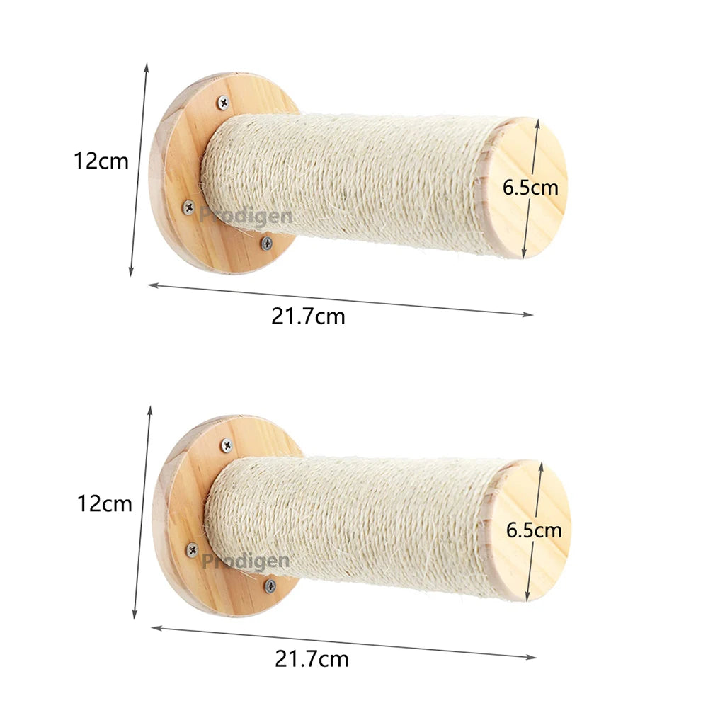 Two wall-mounted sisal rollers on round wooden bases, each 21.7 cm long and 6.5 cm across, base 12 cm