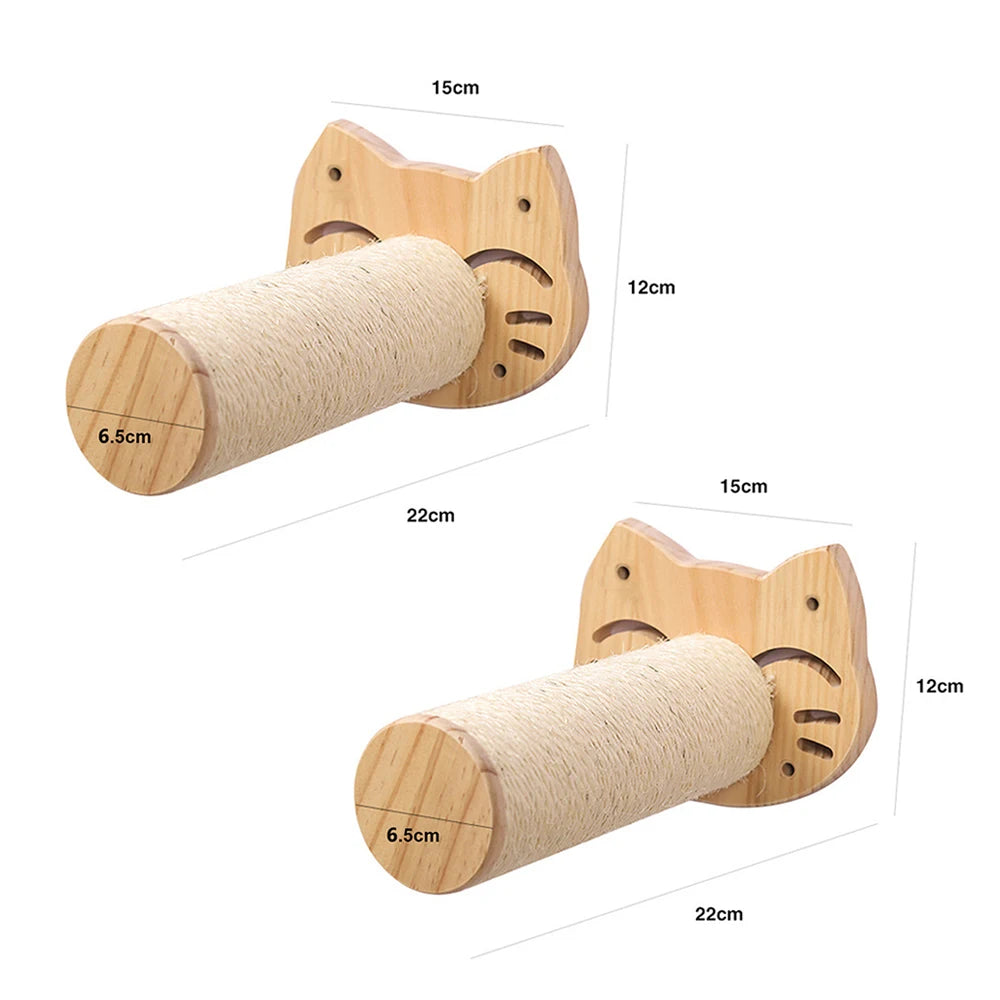 Two sisal scratching posts on cat-face wooden wall plates, each 22 cm long and 6.5 cm across, plate 15 by 12 cm