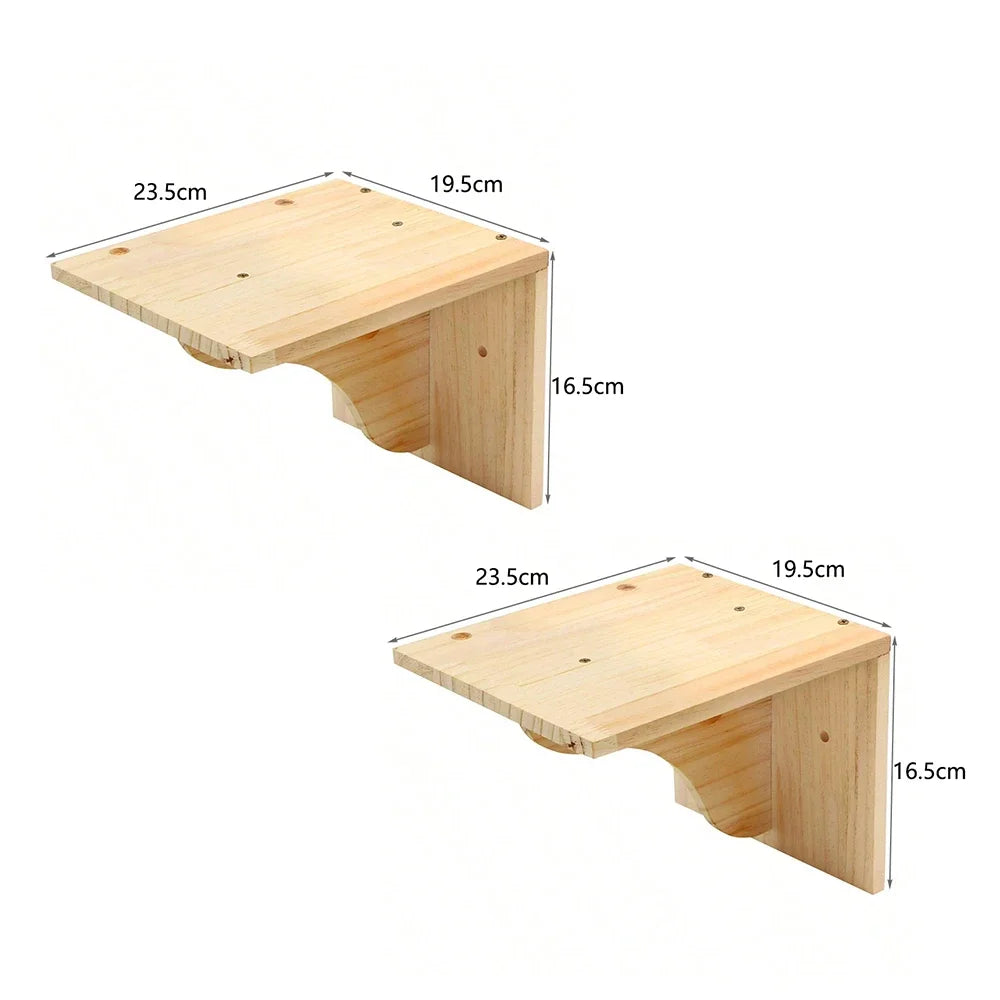 Two wooden cat wall shelves on shaped brackets, each 23.5 by 19.5 cm and 16.5 cm high