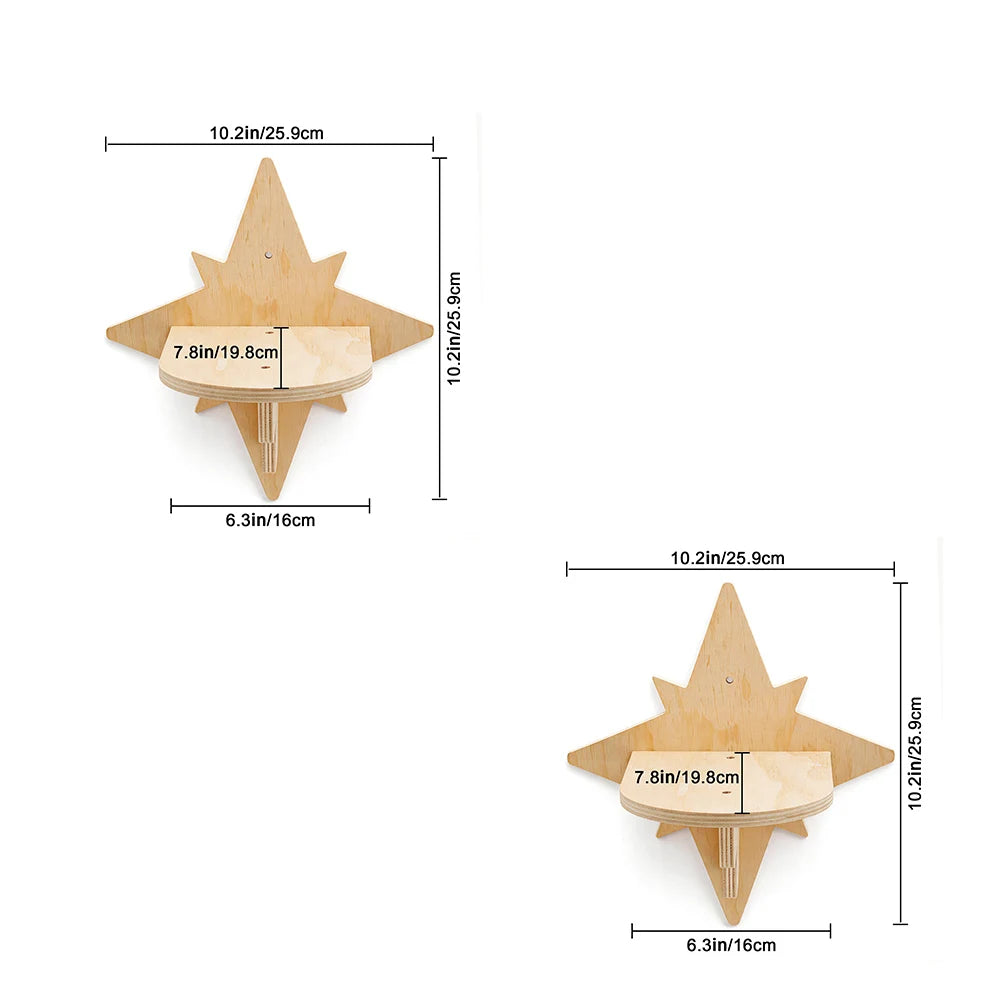 Two star-shaped wooden wall perches, each 25.9 cm wide and high, platform 16 cm wide and 19.8 cm deep