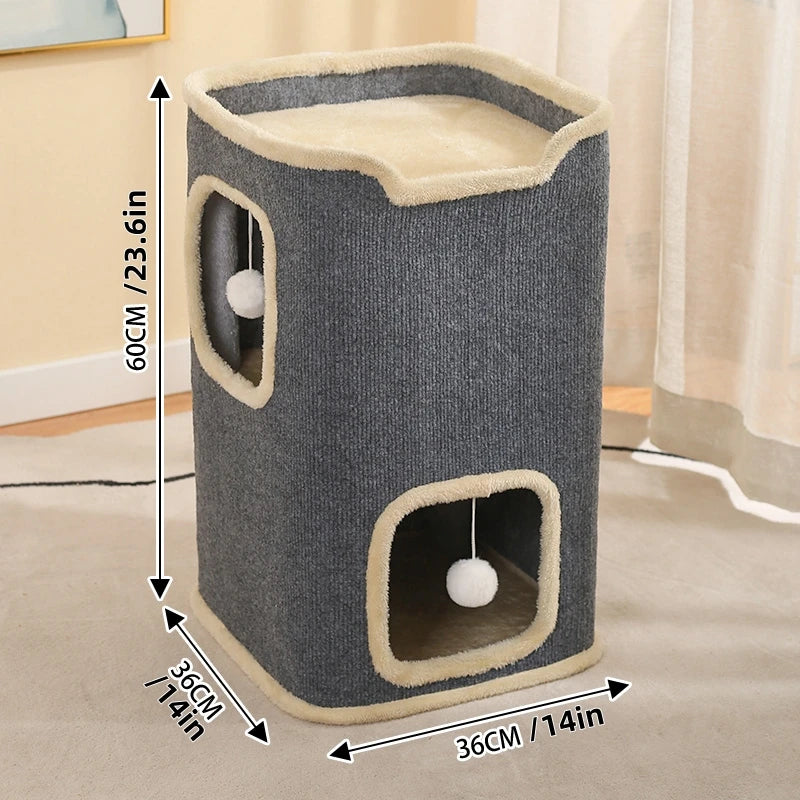 Dimensions of the grey two tier cat house tower: 60 cm (23.6 in) high, 36 x 36 cm (14 x 14 in) base
