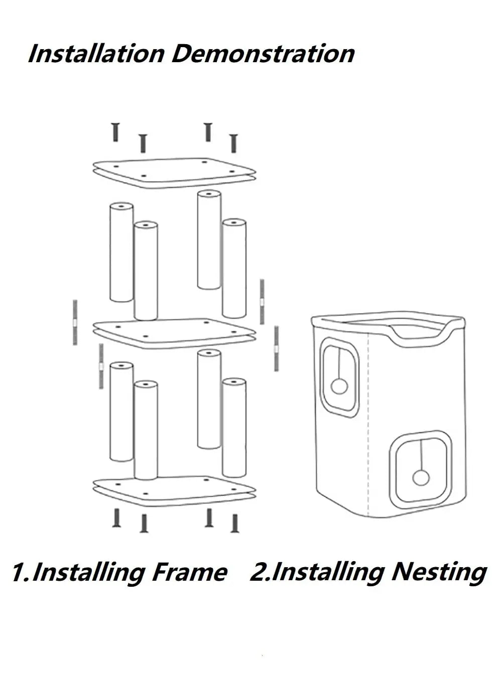 Assembly diagram for the cat house: a frame of boards and posts screwed together, then the fabric cover fitted over it