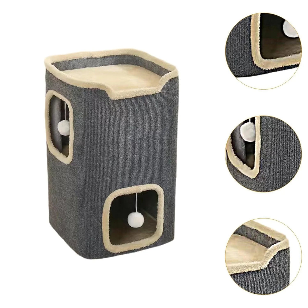 Grey two tier cat house with two openings and hanging pompoms, beside three round close-ups of its plush trim