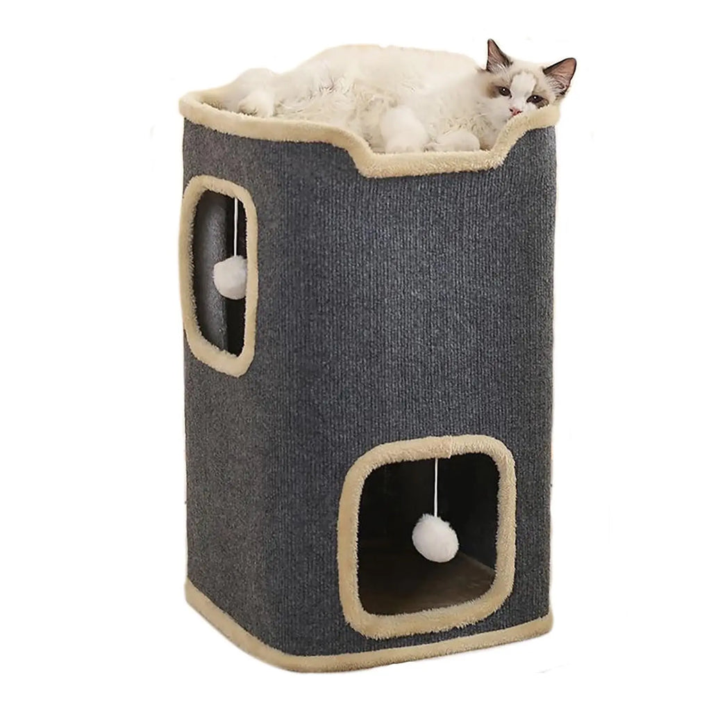Two tier cat house in grey carpet-like fabric with beige plush trim, a ragdoll-type cat lying on the open top