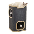 Two tier cat house in grey carpet-like fabric with beige plush trim, a ragdoll-type cat lying on the open top