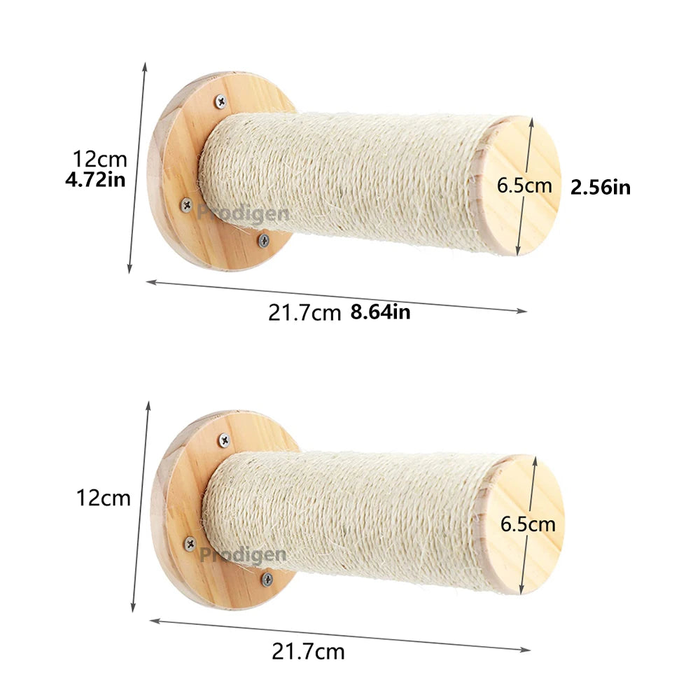 Two wall-mounted sisal scratching posts on round wooden bases, each 21.7 cm long and 6.5 cm across