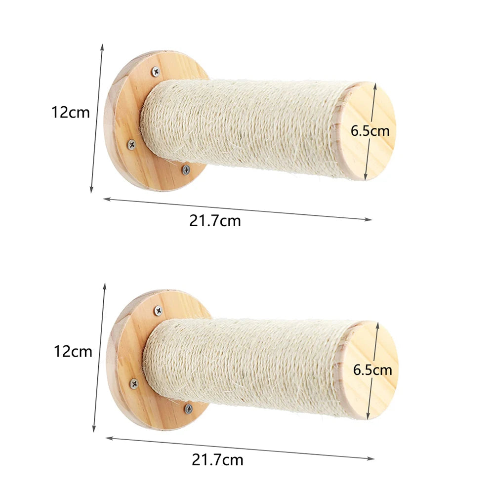 Two wall-mounted sisal scratching posts on round wooden bases, 21.7 cm long and 6.5 cm across, base 12 cm