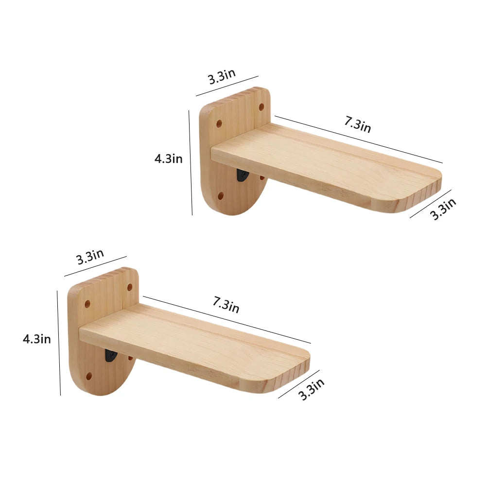 Two flat wooden wall perches with rounded back plates, each 7.3 in long and 3.3 in wide, back plate 4.3 in high