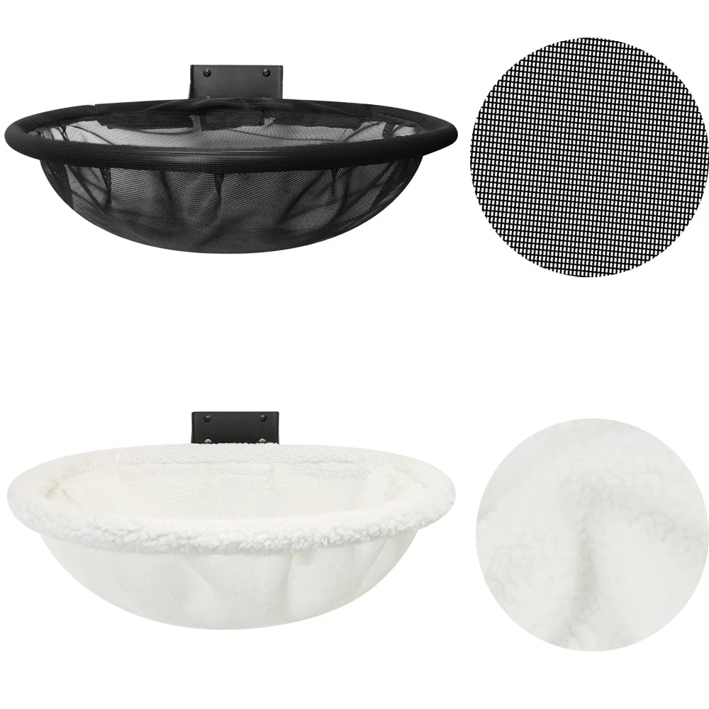 Black mesh and white fleece versions of the wall cat hammock, each shown with a close-up of its fabric