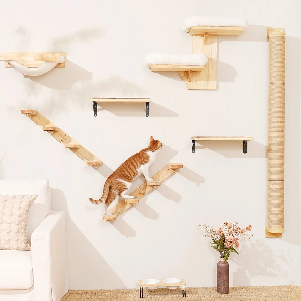Wall hanging cat tree in pale wood: ladders, shelves, plush-topped perches and a sisal column, a ginger and white cat climbing