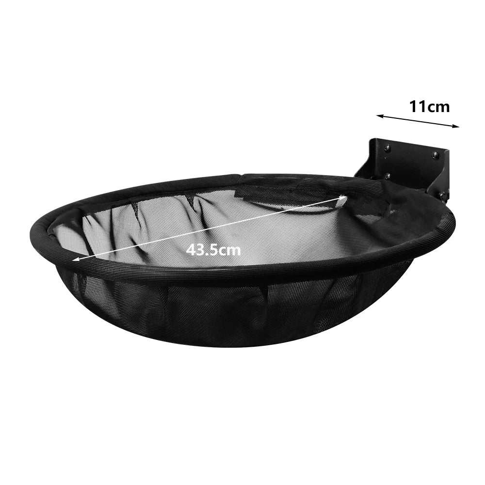 Wall mounted cat hammock in black mesh, 43.5 cm across, on a black steel bracket that stands 11 cm from the wall