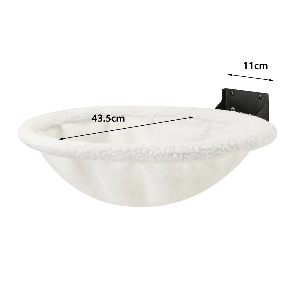 White fleece wall mounted cat hammock with dimensions: 43.5 cm across the bowl and an 11 cm deep wall bracket