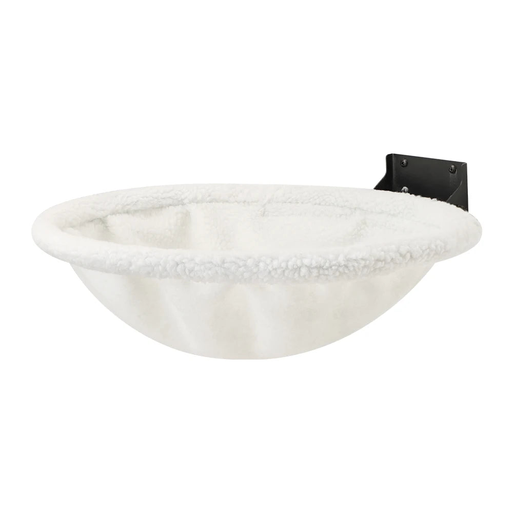 Wall mounted cat hammock with a white fleece bowl-shaped cover on a round frame and a black steel wall bracket