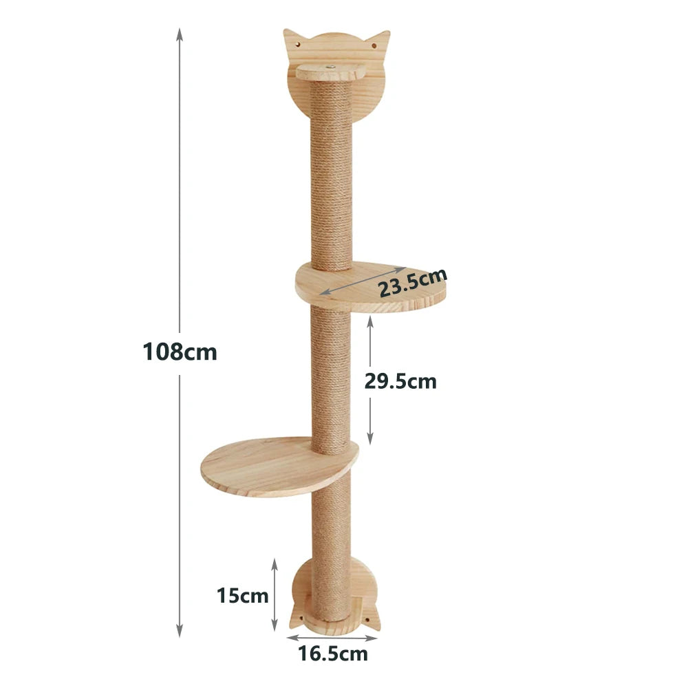 Dimensions of the wall mounted scratching post: 108 cm high, 23.5 cm perches 29.5 cm apart and a 15 x 16.5 cm bottom bracket