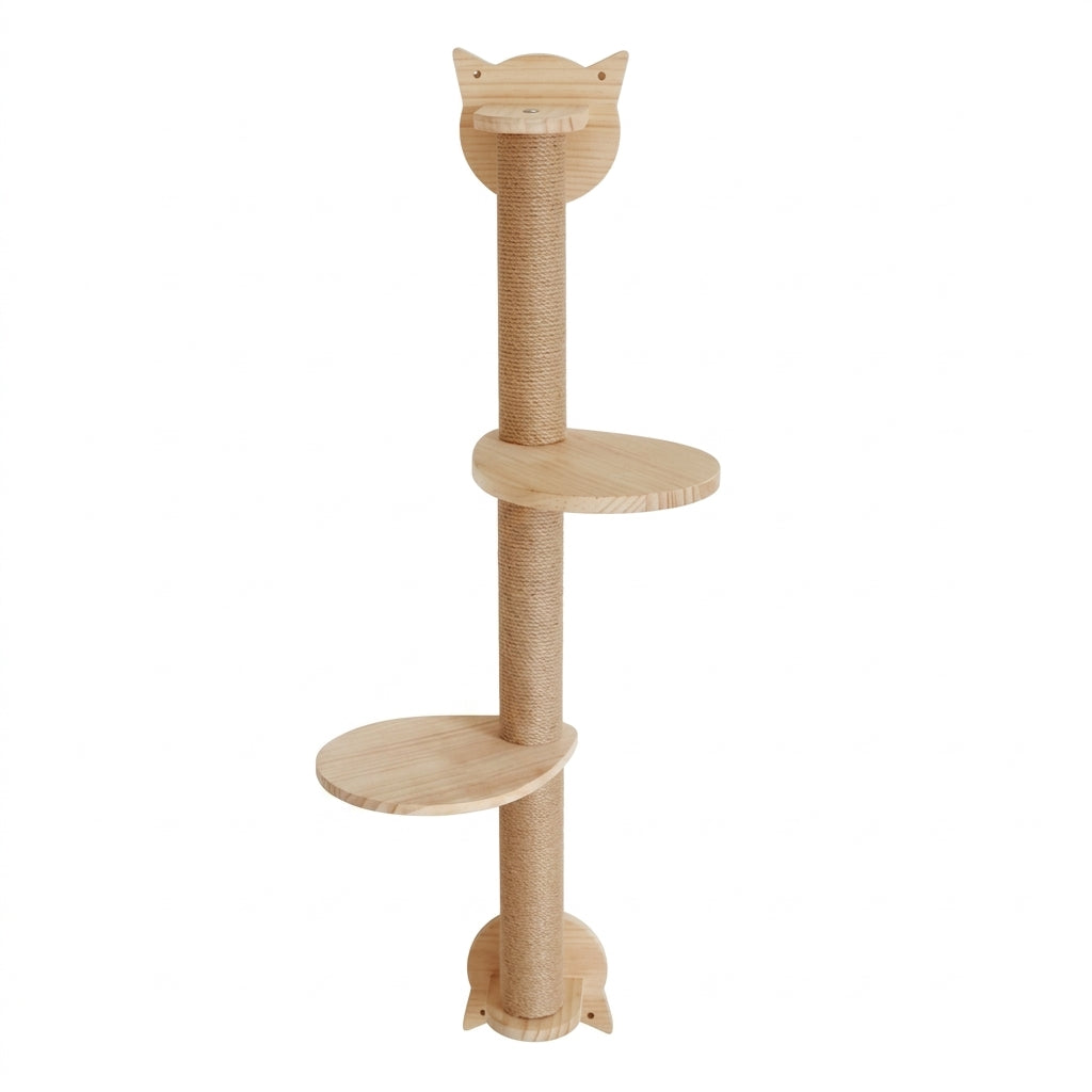 Wall mounted scratching post in pale pine with a rope-wrapped pole, two round perches and cat-ear wall brackets