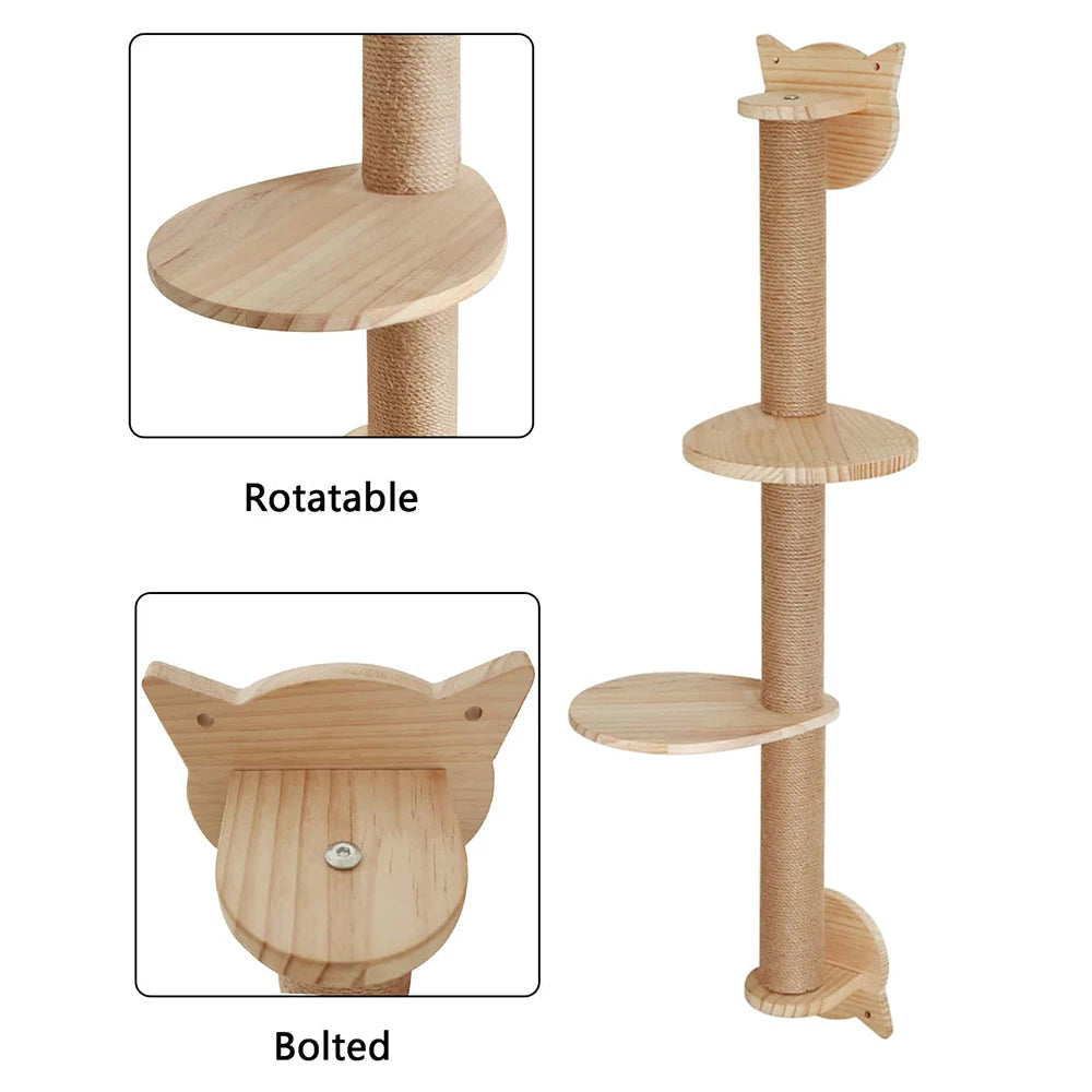 Wall mounted scratching post with close-ups of a rotating round perch and the bolted cat-ear top bracket